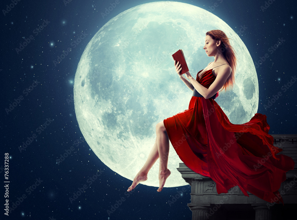 Obraz premium Woman in red dress reading book over full moon night sky 
