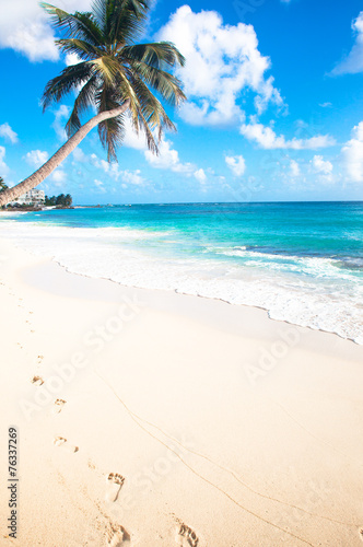 Fototapeta Naklejka Na Ścianę i Meble -  Landscape photo of tranquil beach with footprints in Barbados