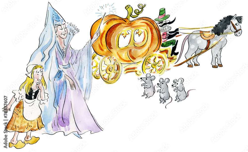 Αυτοκόλλητο Cinderella and fairy godmother making fairy pumpkin carriage