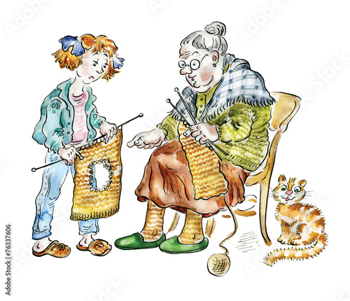 Grandma teaching her granddaughter knitting