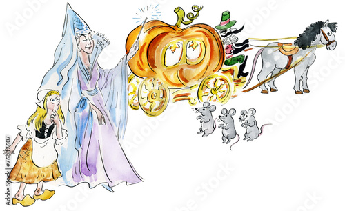 Cinderella and fairy godmother making fairy pumpkin carriage