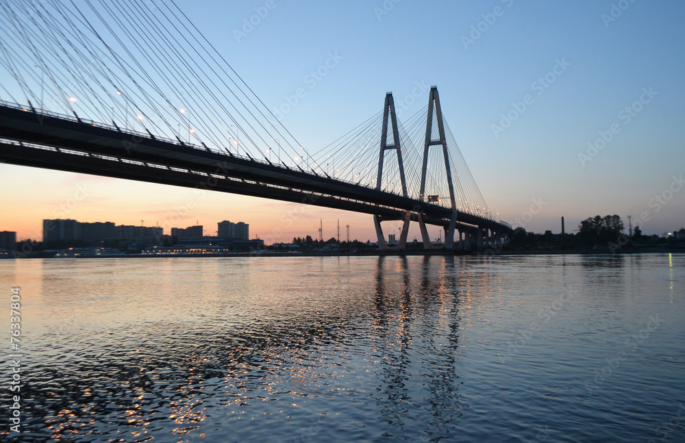 Cable-braced bridge before dawn. Cable-braced bridge before dawn.