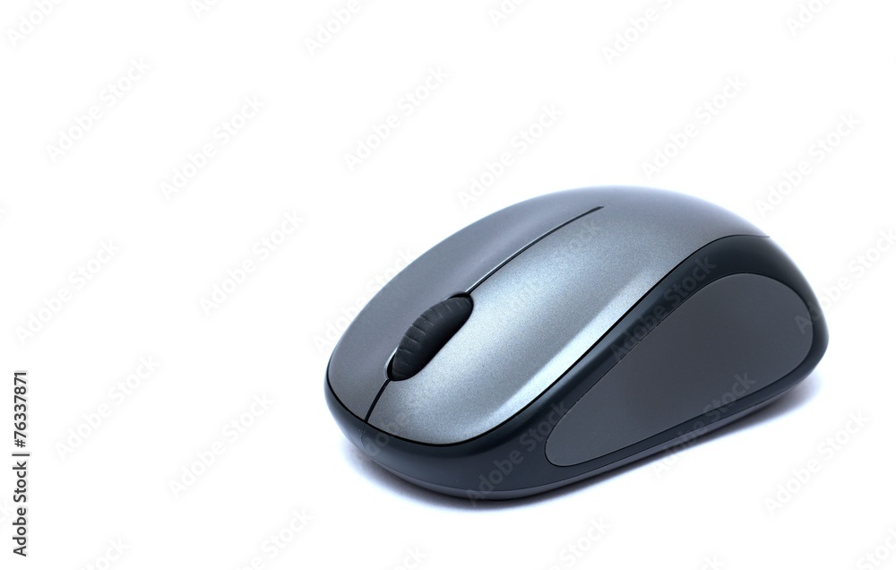 Gray wireless mouse placed on a white background. Gray wireless mouse placed on a white background.