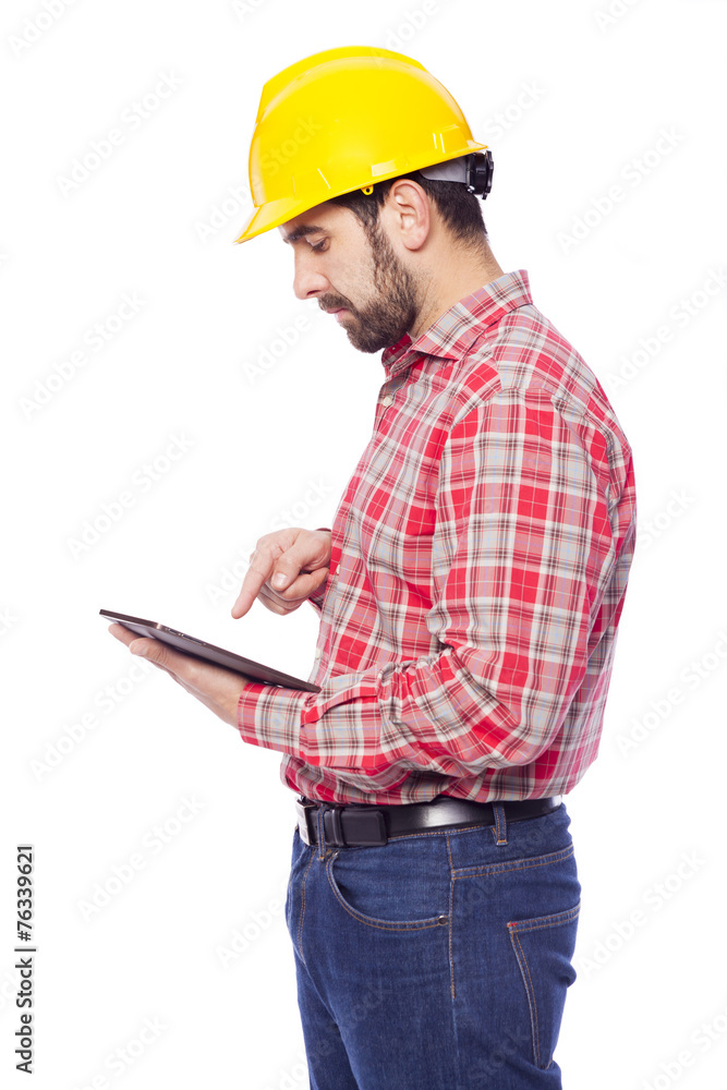 Young architect holding a tablet computer, isolated on white bac Young architect holding a tablet computer, isolated on white bac