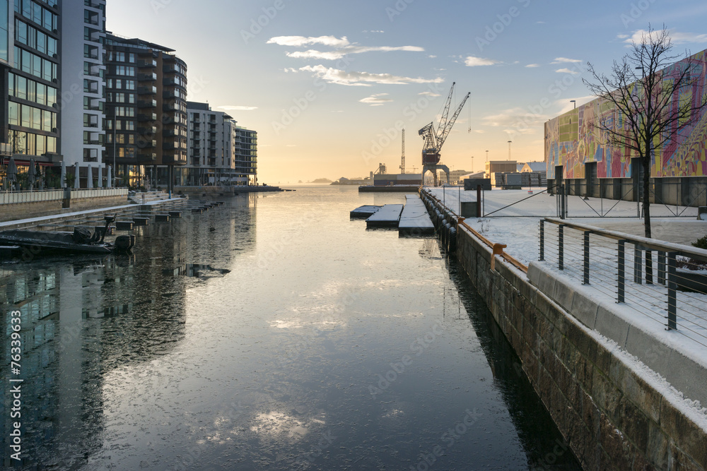 Oslo seaside harbor with crane terminal