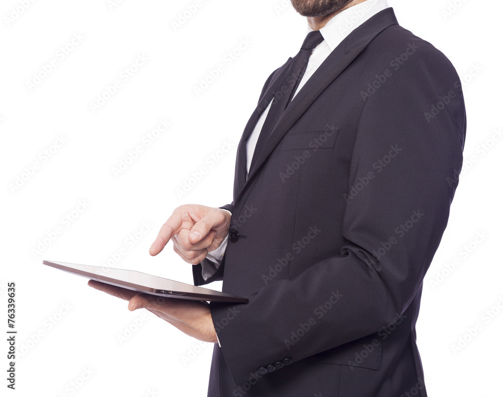 Business man using a tablet computer, isolated on a white backgr Business man using a tablet computer, isolated on a white backgr