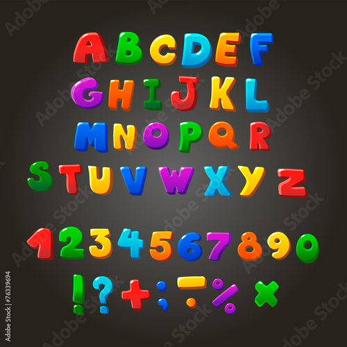 Multicolored kids Vector Font,  letters, numbers and