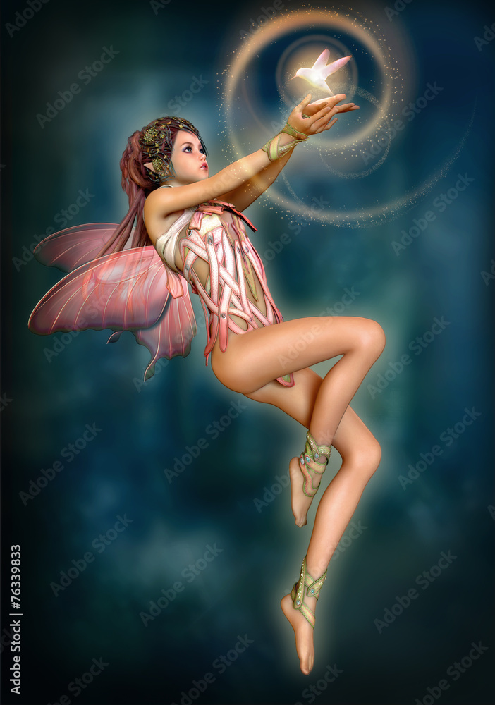 Fairy with glowing Bird, 3d CG - obrazy, fototapety, plakaty 