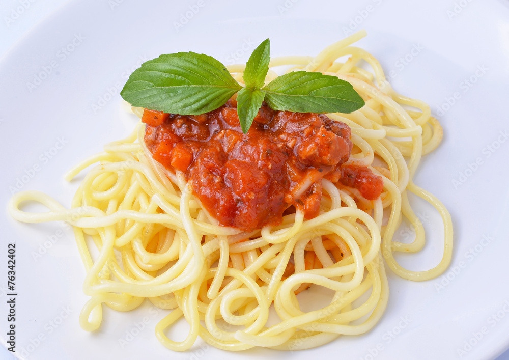 Spaghetti Bolognese with cheese and basil Spaghetti Bolognese with cheese and basil