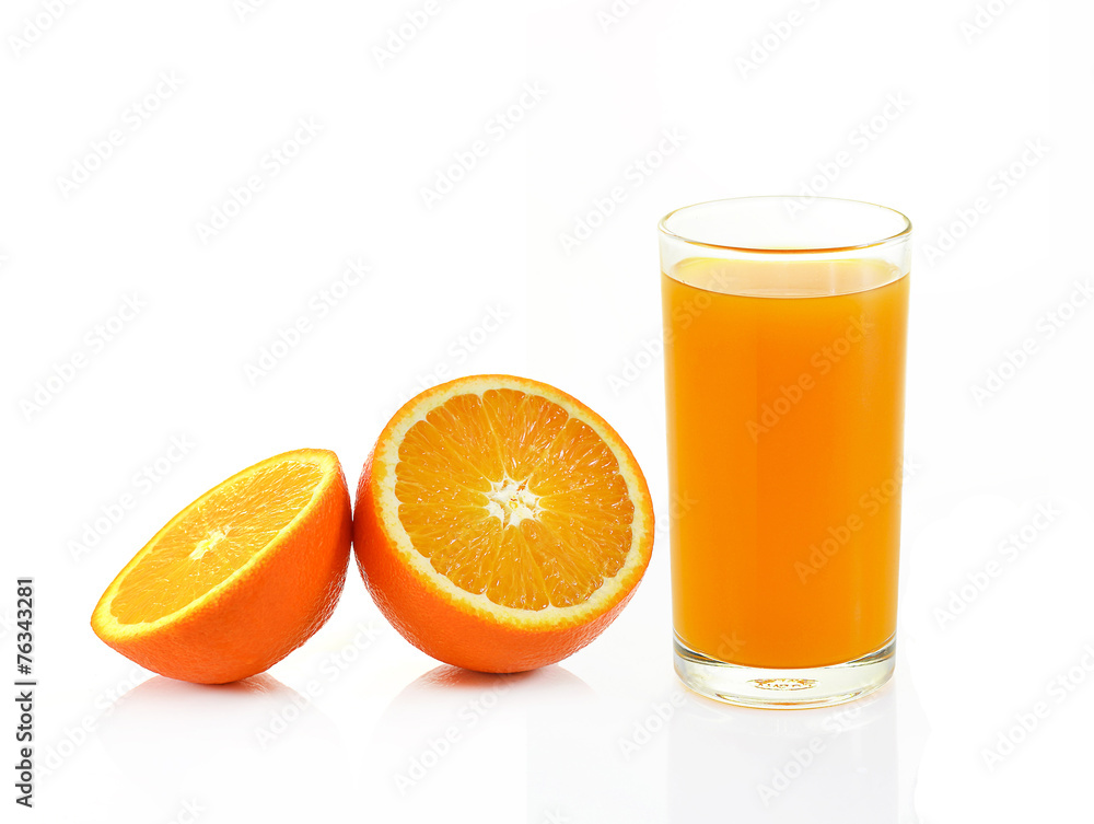 Fresh orange and glass with juice on white background Fresh orange and glass with juice on white background