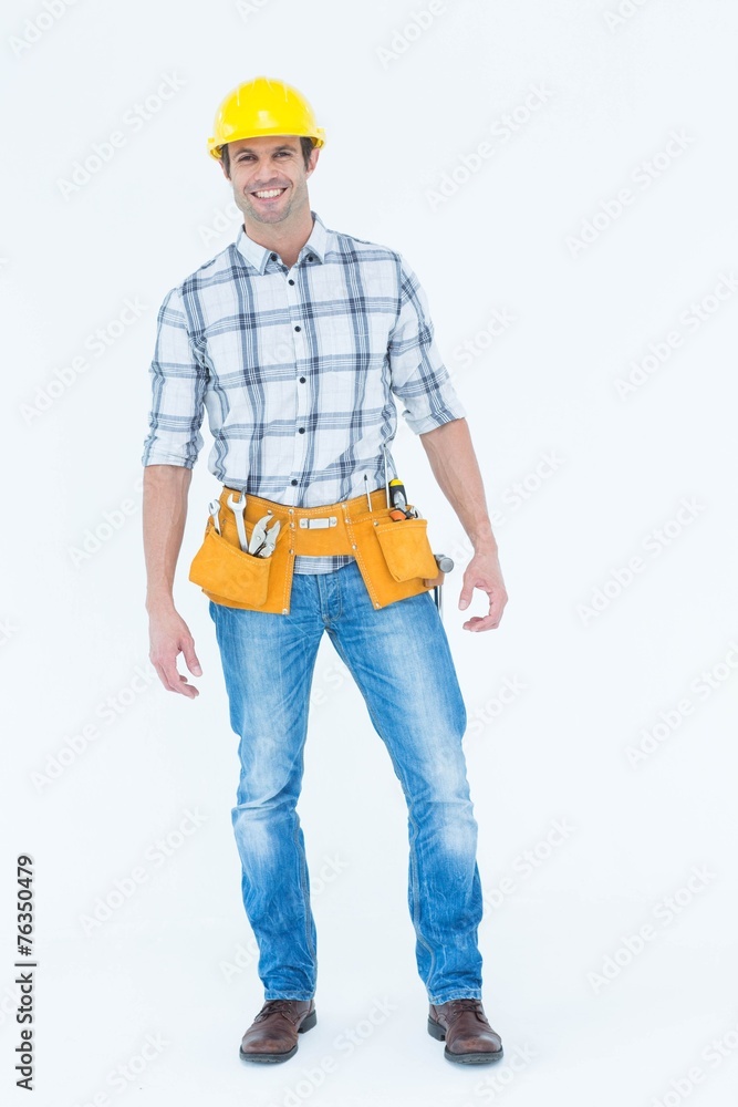 Technician standing over white background