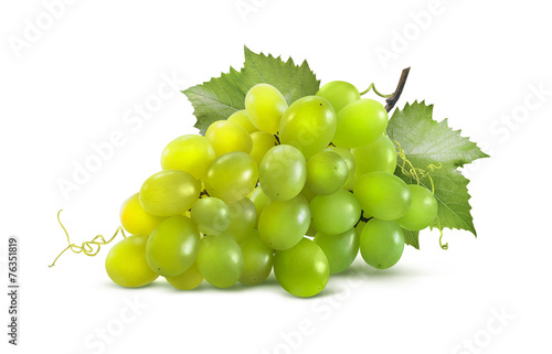 Green grapes horizontal and leaves isolated on white background