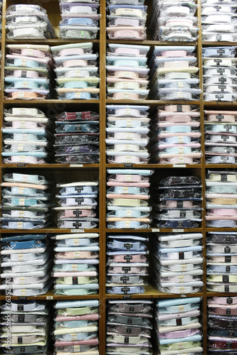 Shirts perfectly arranged in a shop in Sri Lanka.