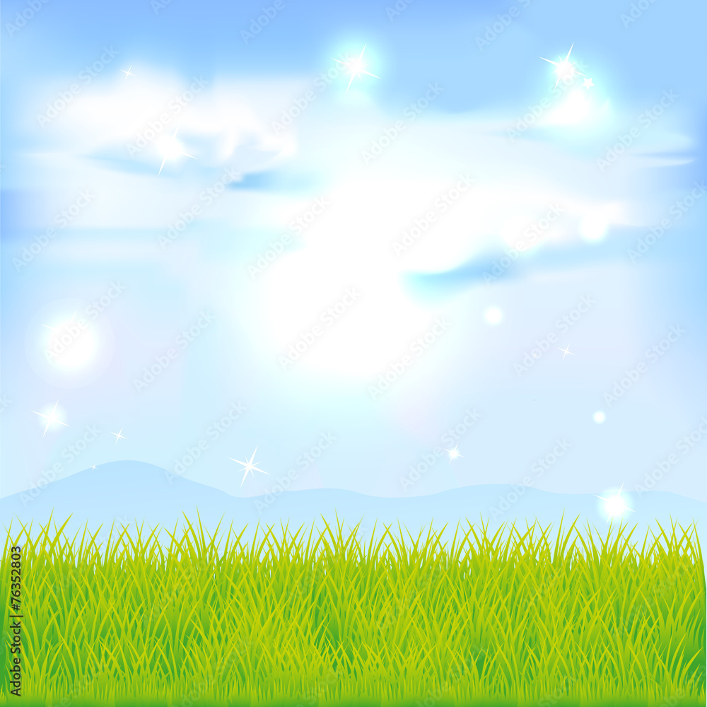 landscape with green grass and blue sky - vector illustration