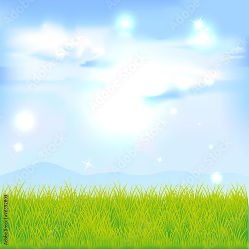 landscape with green grass and blue sky - vector illustration