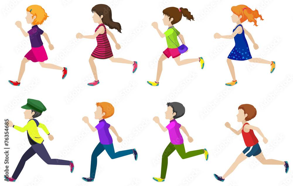 Faceless group of kids running Faceless group of kids running
