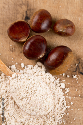 chestnut flour in a wooden spoon