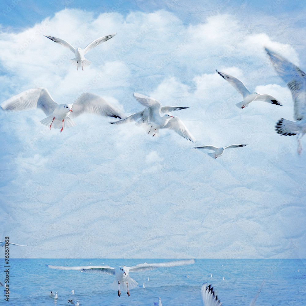 Fototapeta premium Vintage background with clouds and seagull