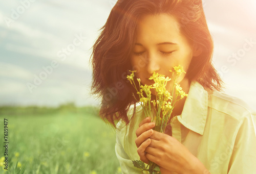 Photography Woman smelling flowers in summer