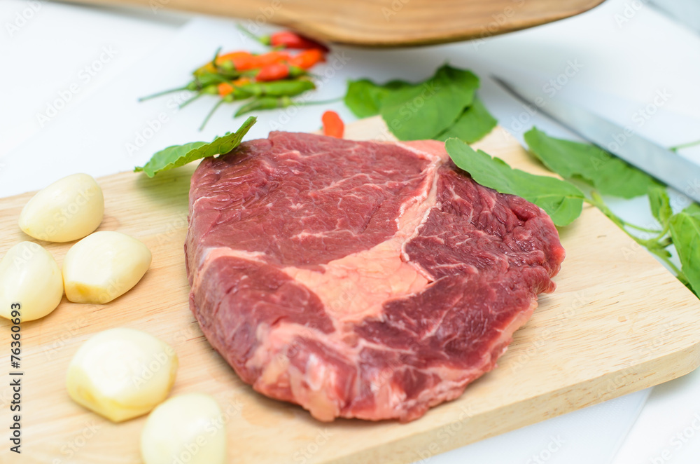 Raw Fresh Meat Slices on Wooden Chopping Board Raw Fresh Meat Slices on Wooden Chopping Board