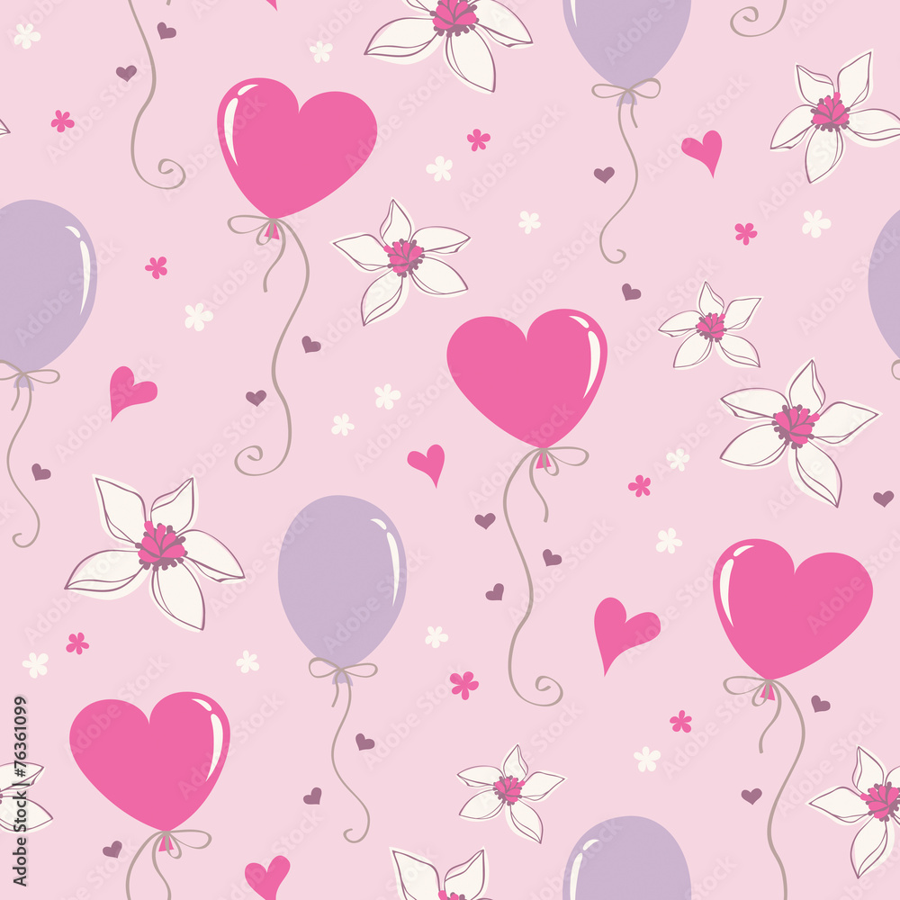 seamless pattern with hearts, balloons and flowers