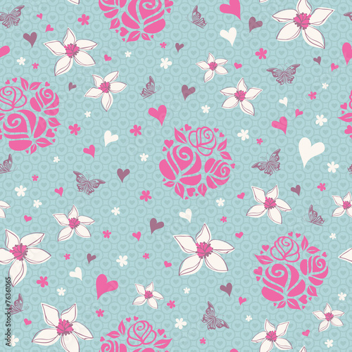 seamless pattern with flowers, hearts and butterflies