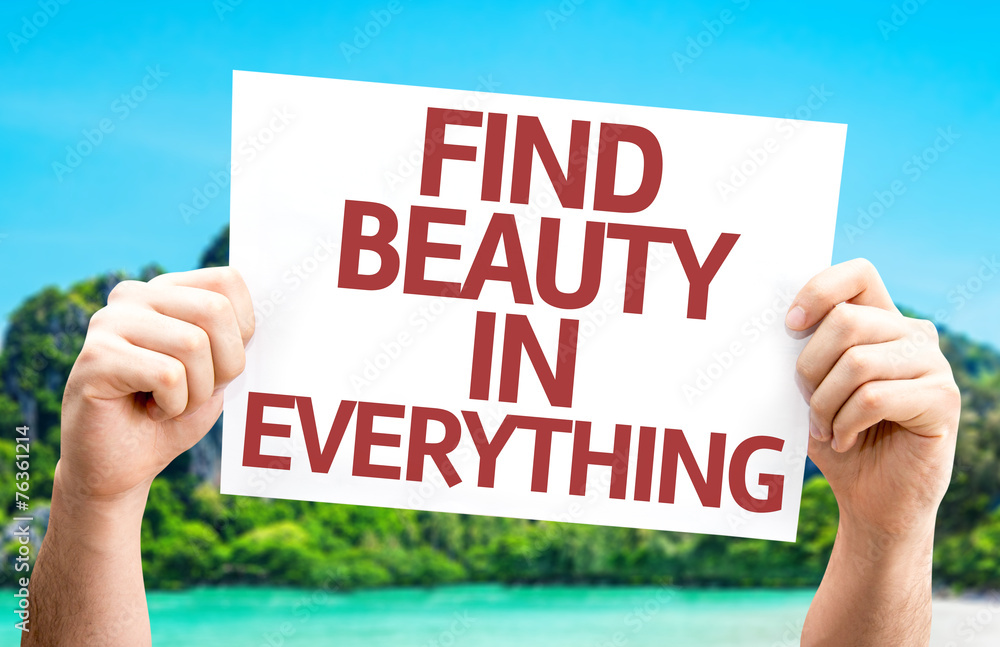 Find Beauty in Everything card with a beach on background Find Beauty in Everything card with a beach on background