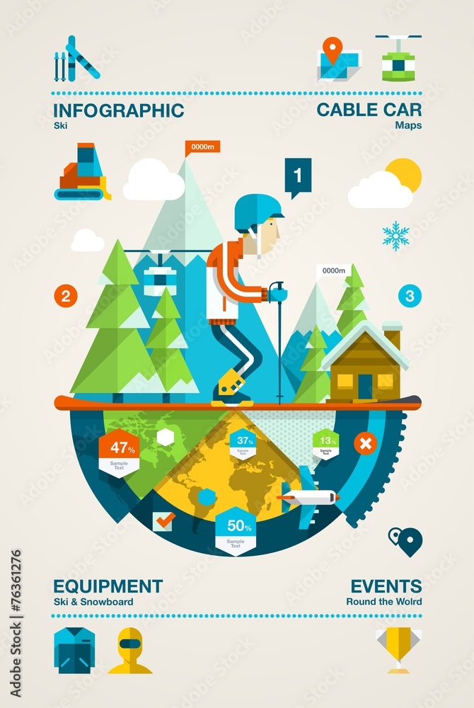 Colourful skier with mountains infographic