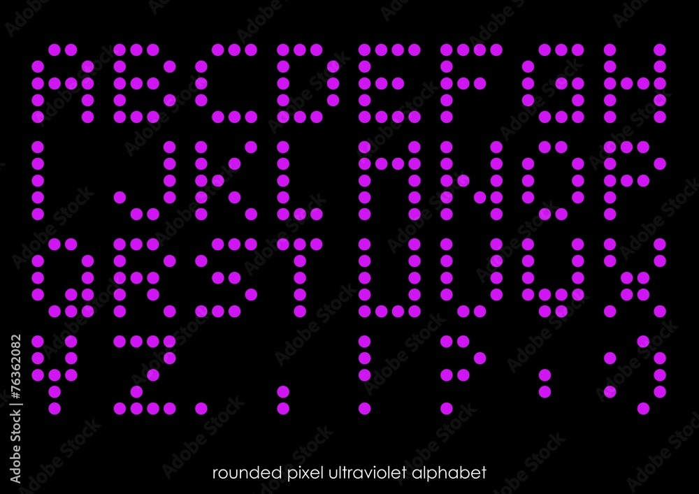 Rounded flat pixel art alphabet font in ultraviolet color