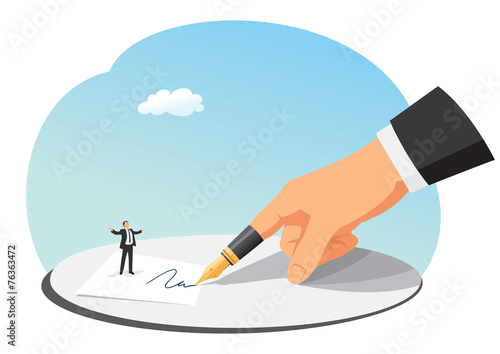 Small businessman asks big boss for a contract signature