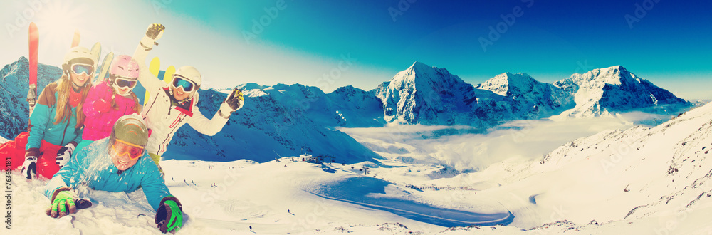 Skiing, panorama - family enjoying winter vacation - obrazy, fototapety, plakaty 
