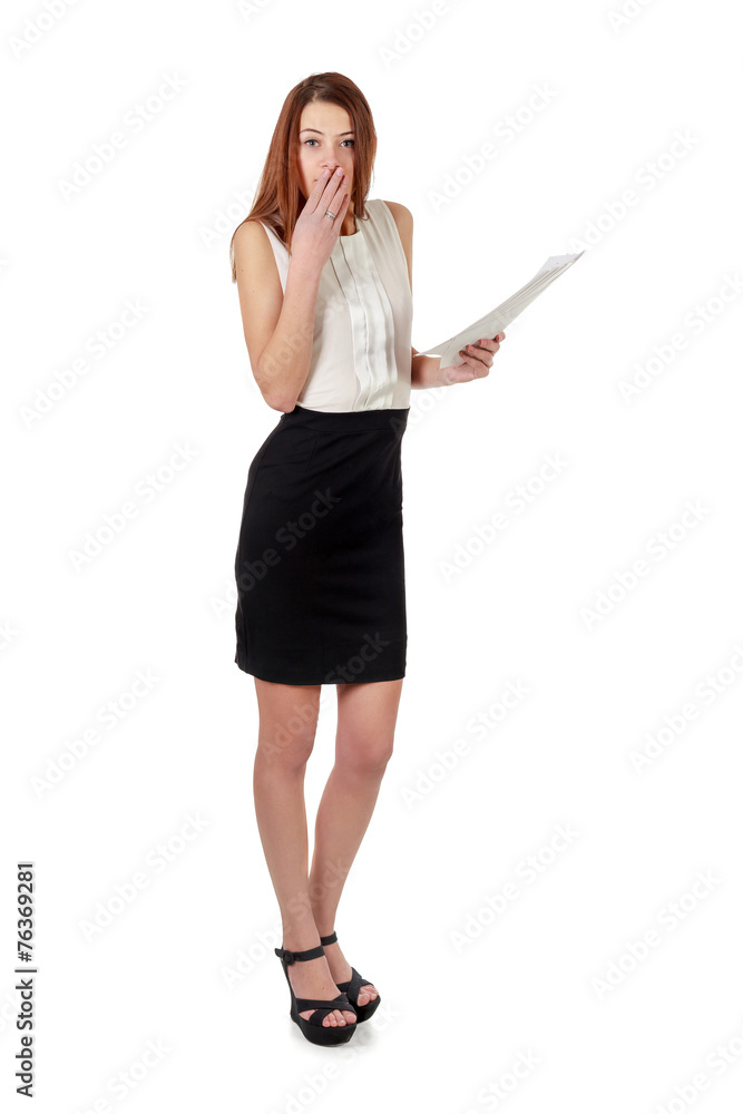 Woman in black skirt holding paper document over white Woman in black skirt holding paper document over white