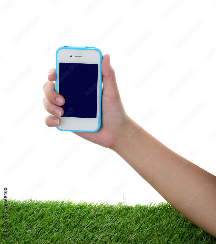 Hand holding and operating a smart phone isolated on white Hand holding and operating a smart phone isolated on white