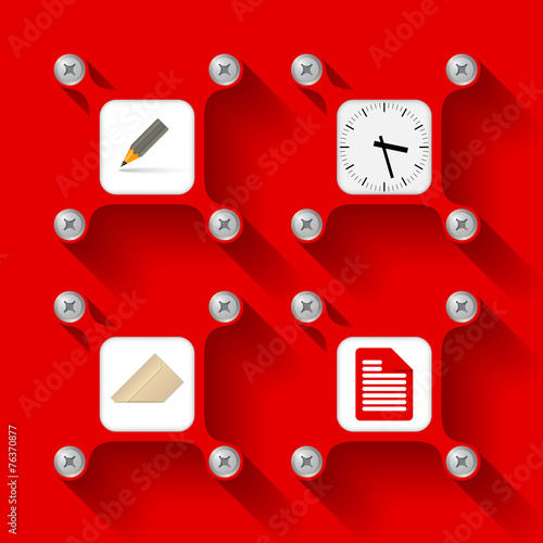 Four red  objects with screws and icons
