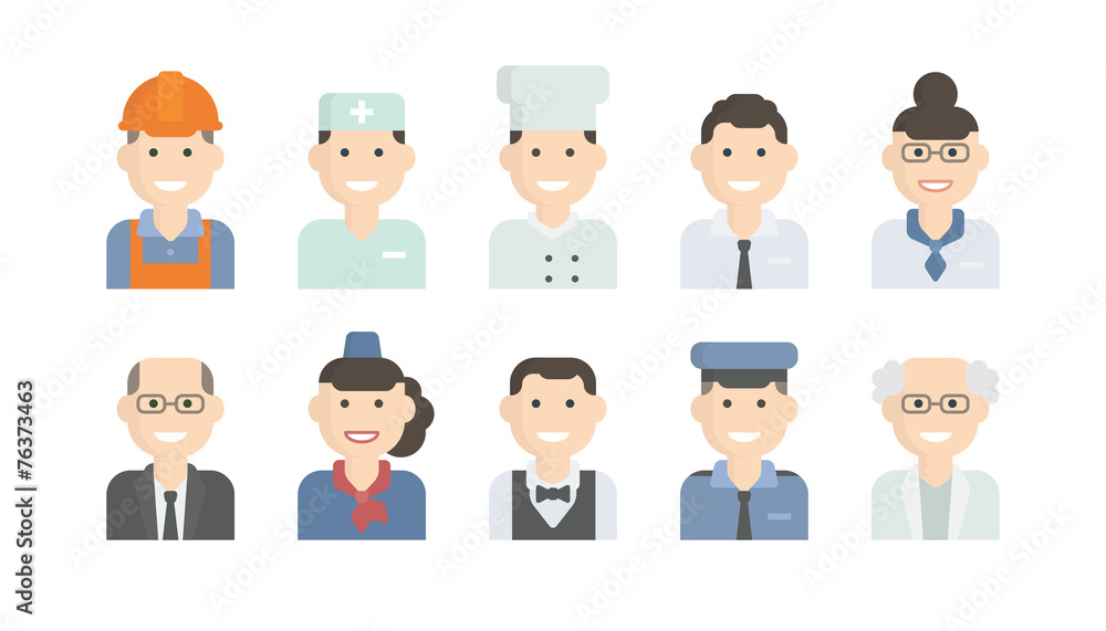 Set Flat Icons with Man of Different Professions. Builder, nurse