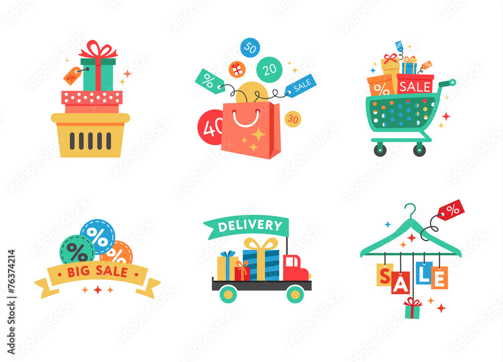 Naklejka premium Collection of shopping carts full of shopping bags and gift