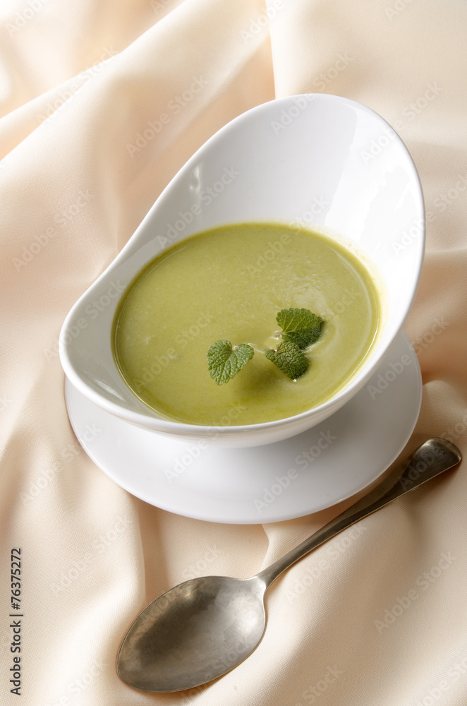 pea and minty soup in a bowl pea and minty soup in a bowl
