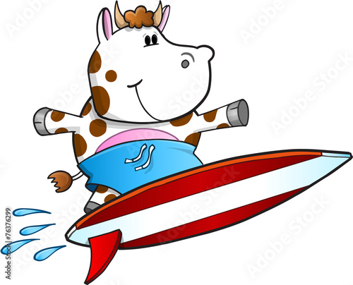 Cute Surfing Cow Vector Illustration Art