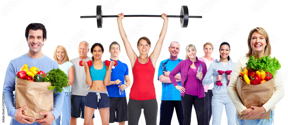 Fototapeta premium Group of sportive people with fruits vegetables.