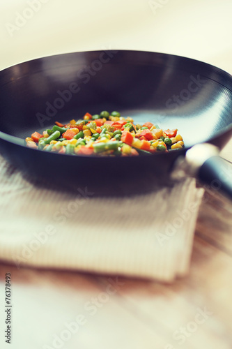 close up of wok pan with vegetables