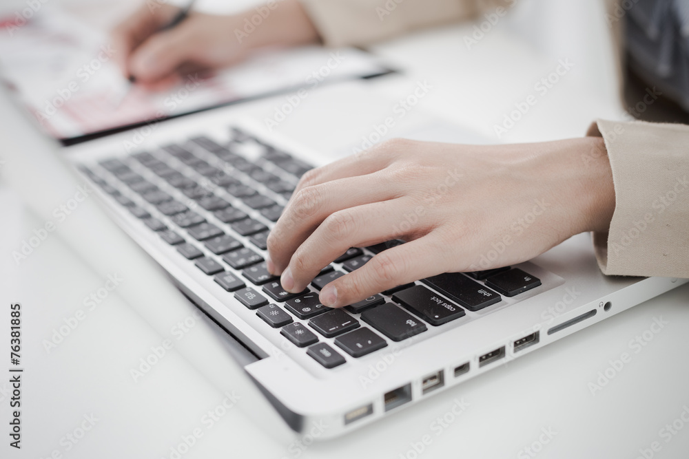 woman hand with business report woman hand with business report