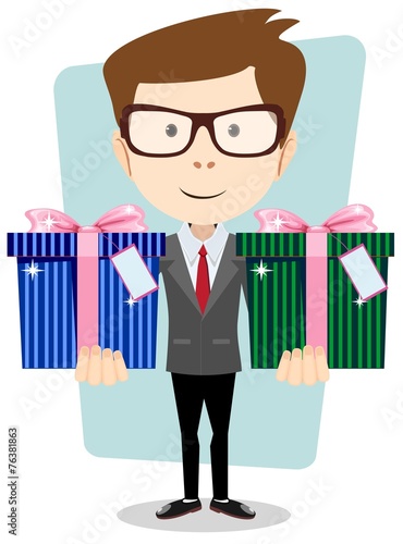 Young successful businessman gives two gifts, vector