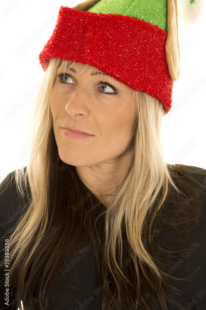 blond woman elf hat close look up blond woman elf hat close look up
