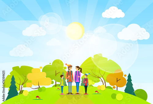 tourist family with backpack over summer landscape mountain