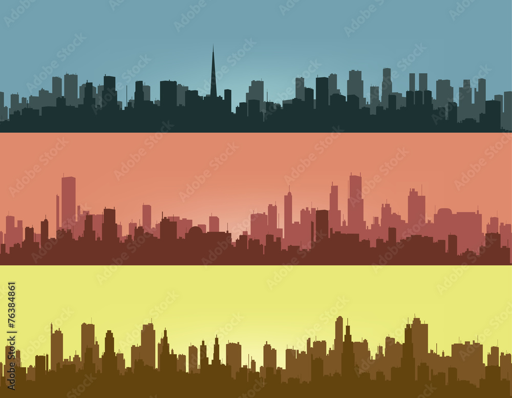 Three coloured contours of city.