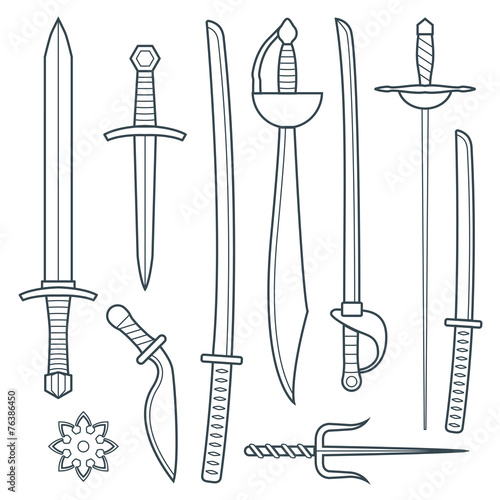 vector dark gray outline cold medieval weapons set with sword