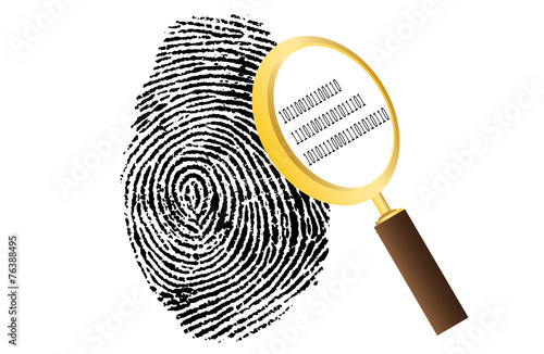 fingerprint with magnifying glass and binary code security