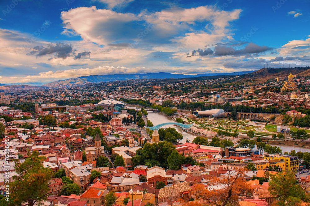 Beautiful panoramic view of Tbilisi city in evening light