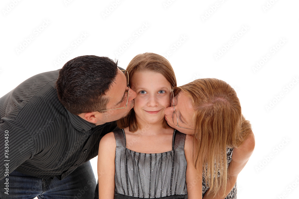 Parents kissing there daughter.