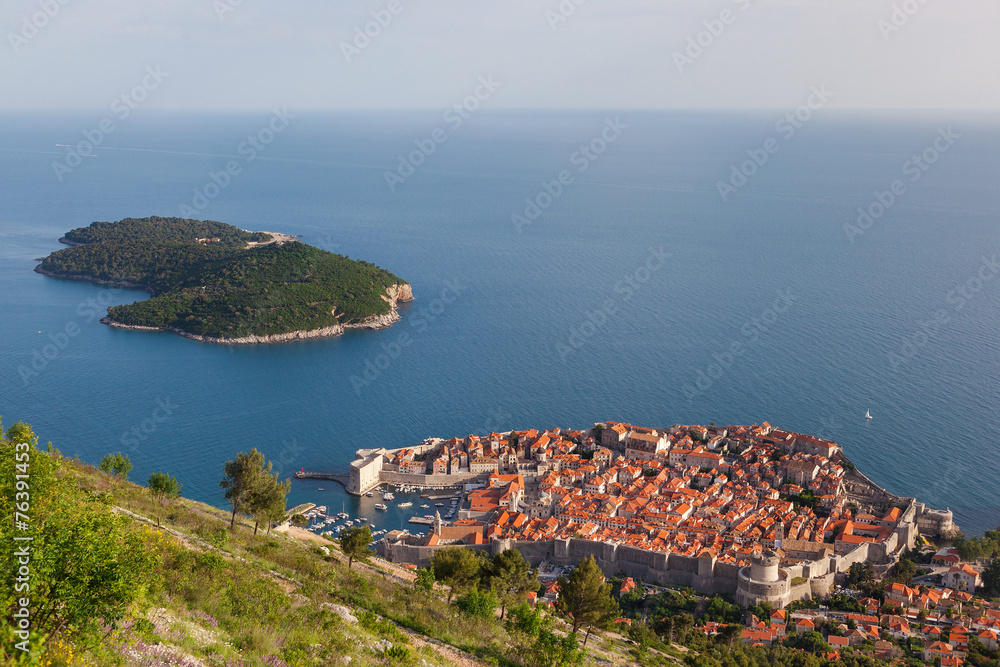 Beautiful aerial view of Dubrovnik's old town and Lokrum island.